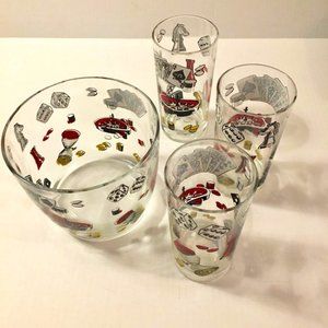Hazel Atlas Ice Bucket Three Tumblers Set Vintage 1960s Game Night Poker Roulett